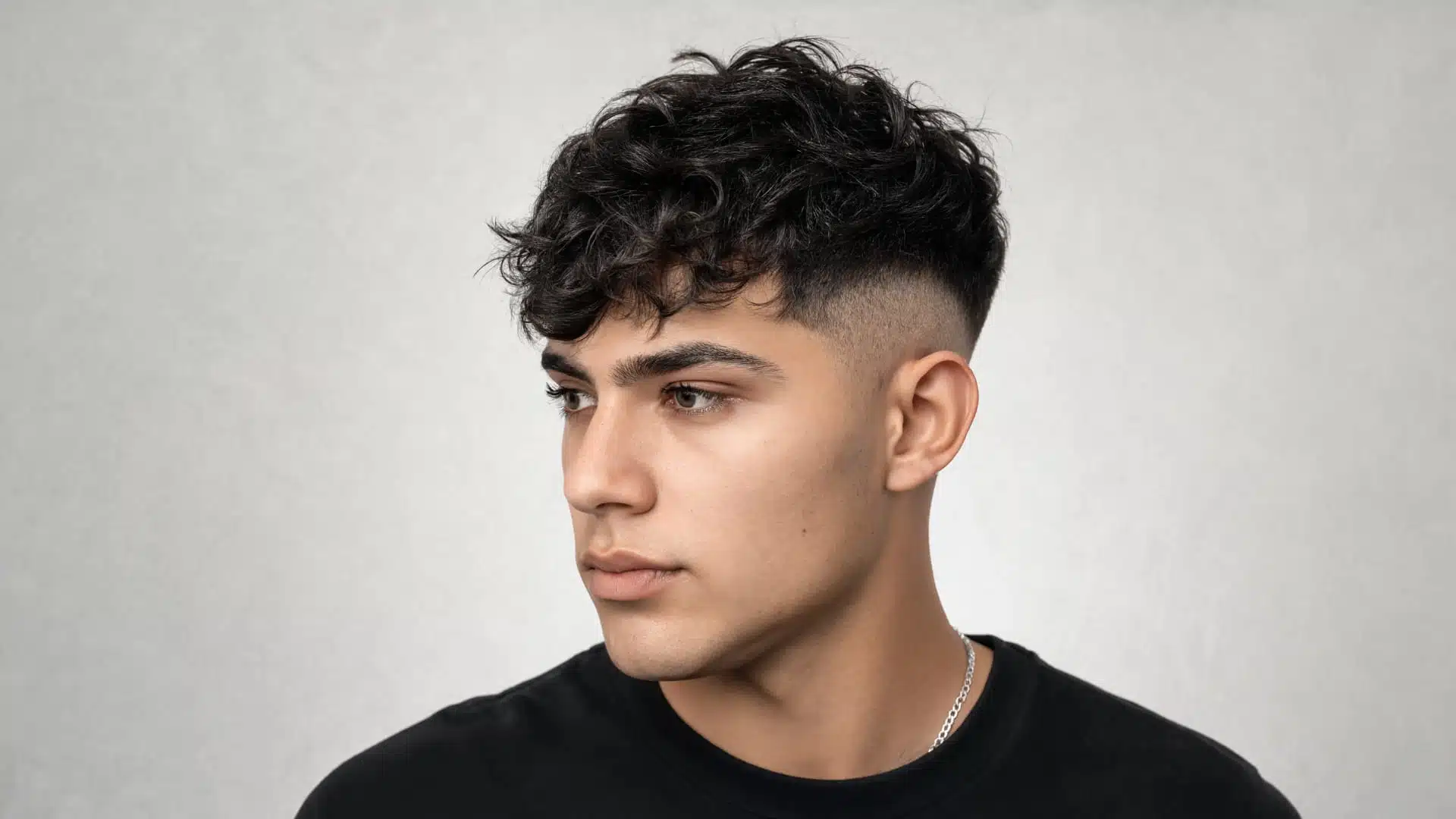 Side profile of a young man with a textured, wavy Caesar haircut and a high skin fade against a grey background