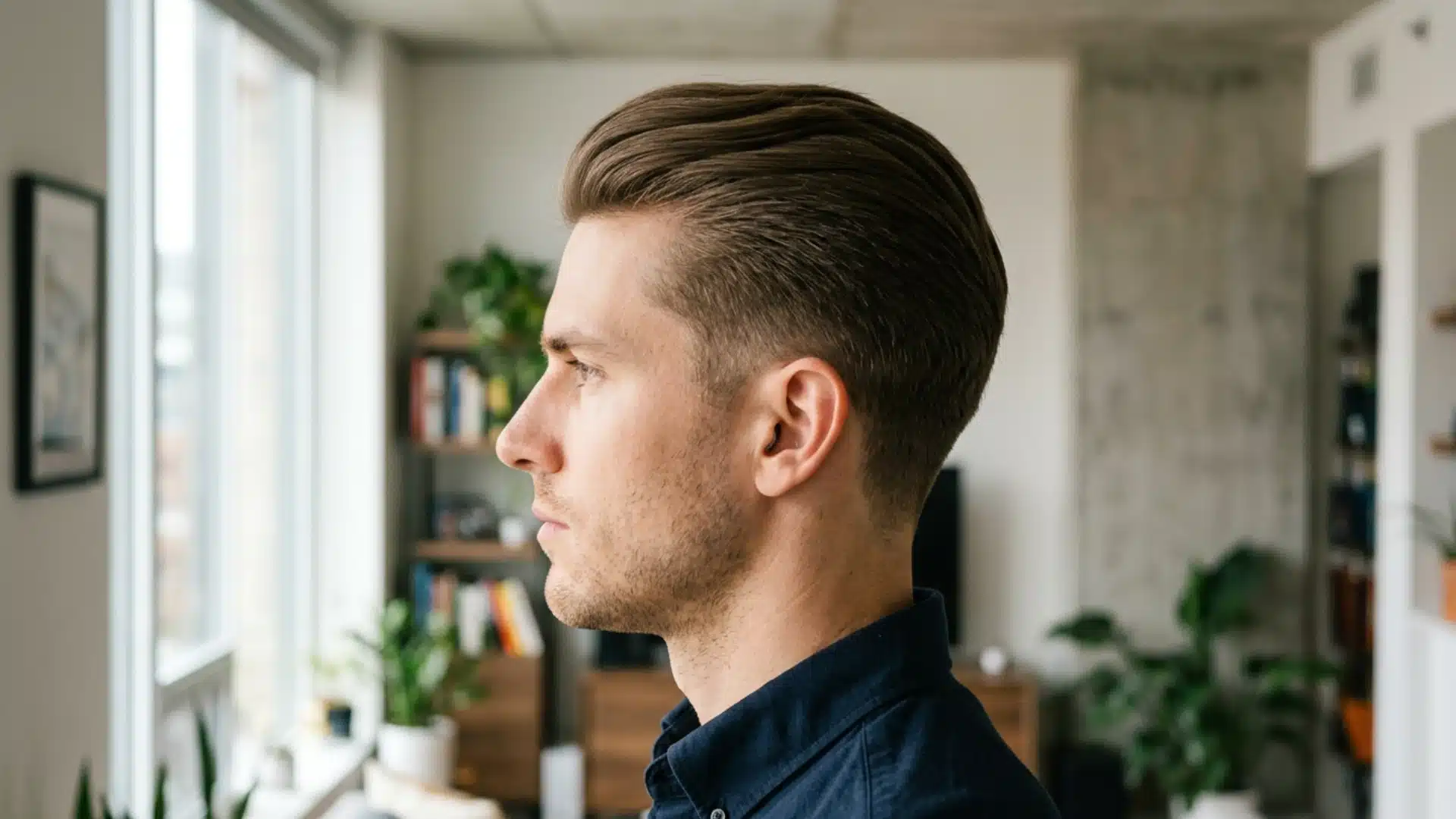 Side profile of longer crew cut showing 1.5 to 2 inch top length and natural sweep direction