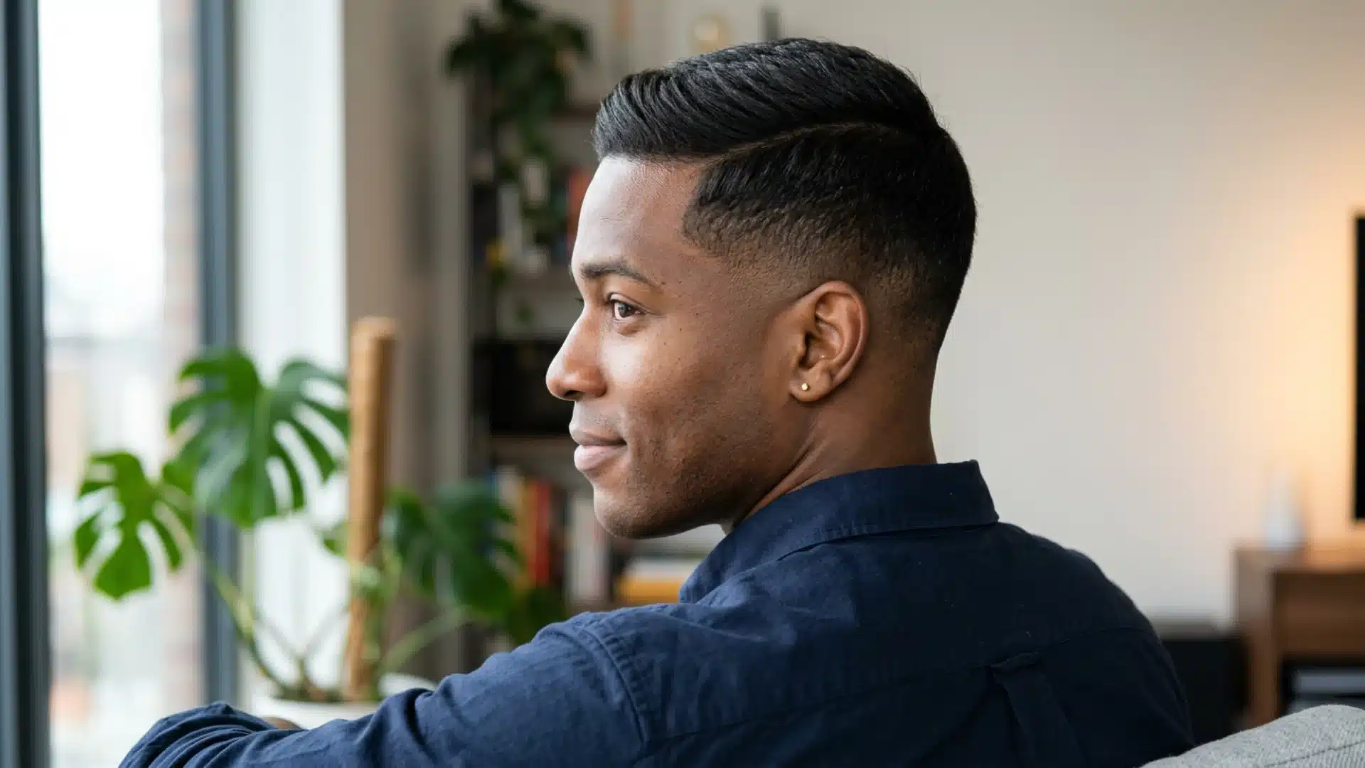 Side-rear view of classic side swept crew cut with natural low taper, clean neckline