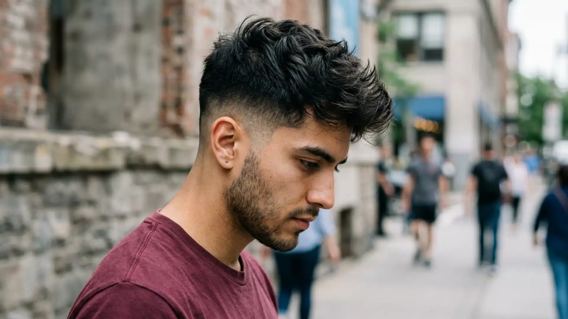 Side view of a man with textured messy hair, a clean drop fade, and slight stubble looking down on a street