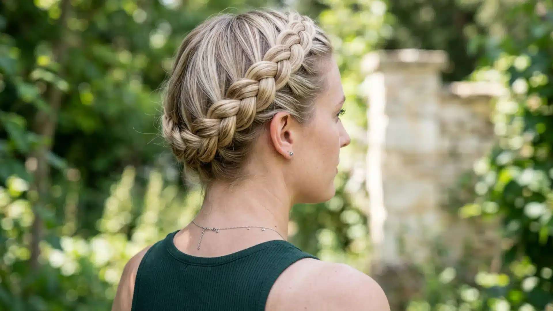 Side profile of a blonde woman with a crown braid updo, wearing a green tank top outdoors