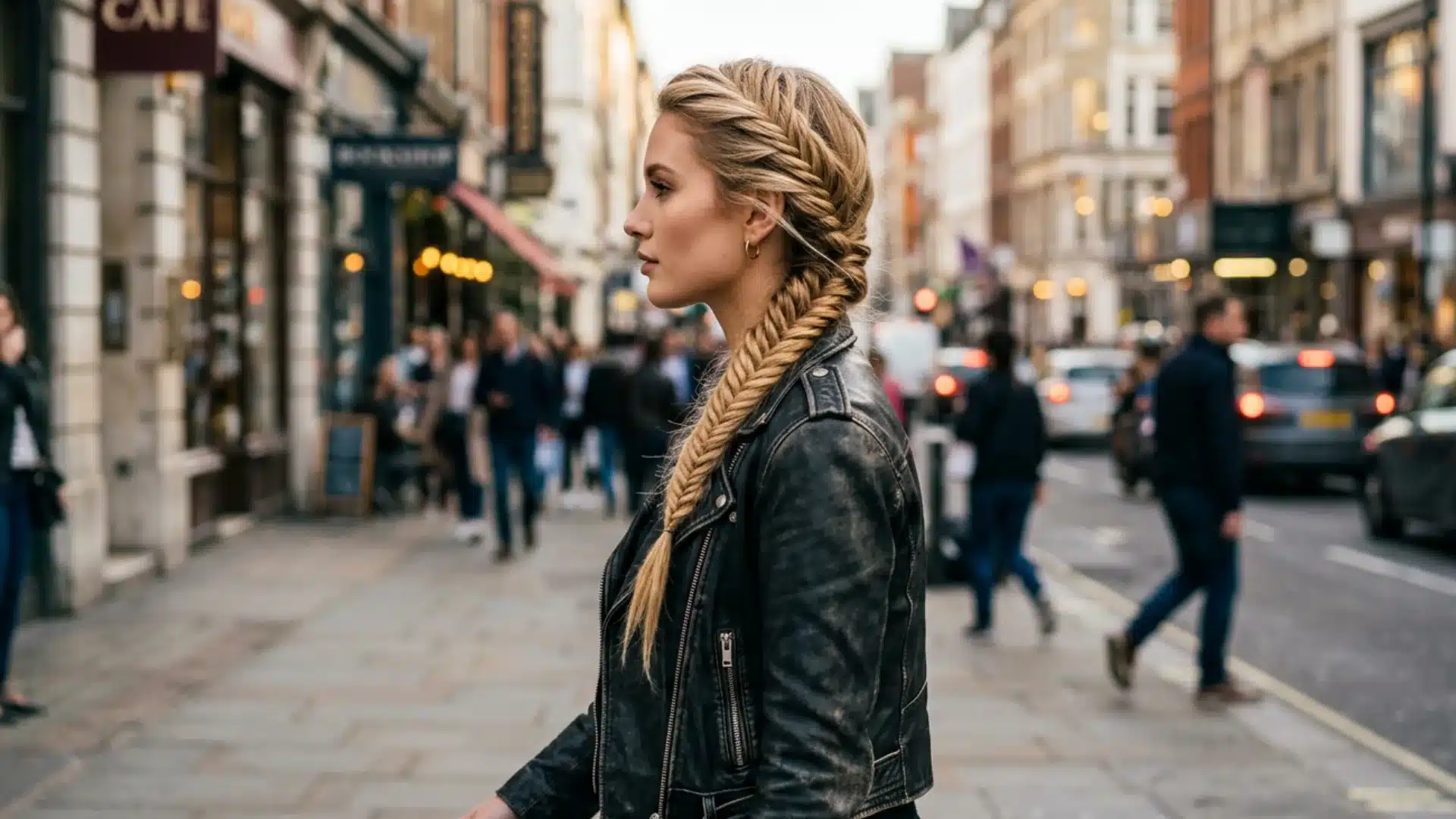 Side profile of a blonde woman with a long fishtail braid wearing a leather jacket on a busy city sidewalk