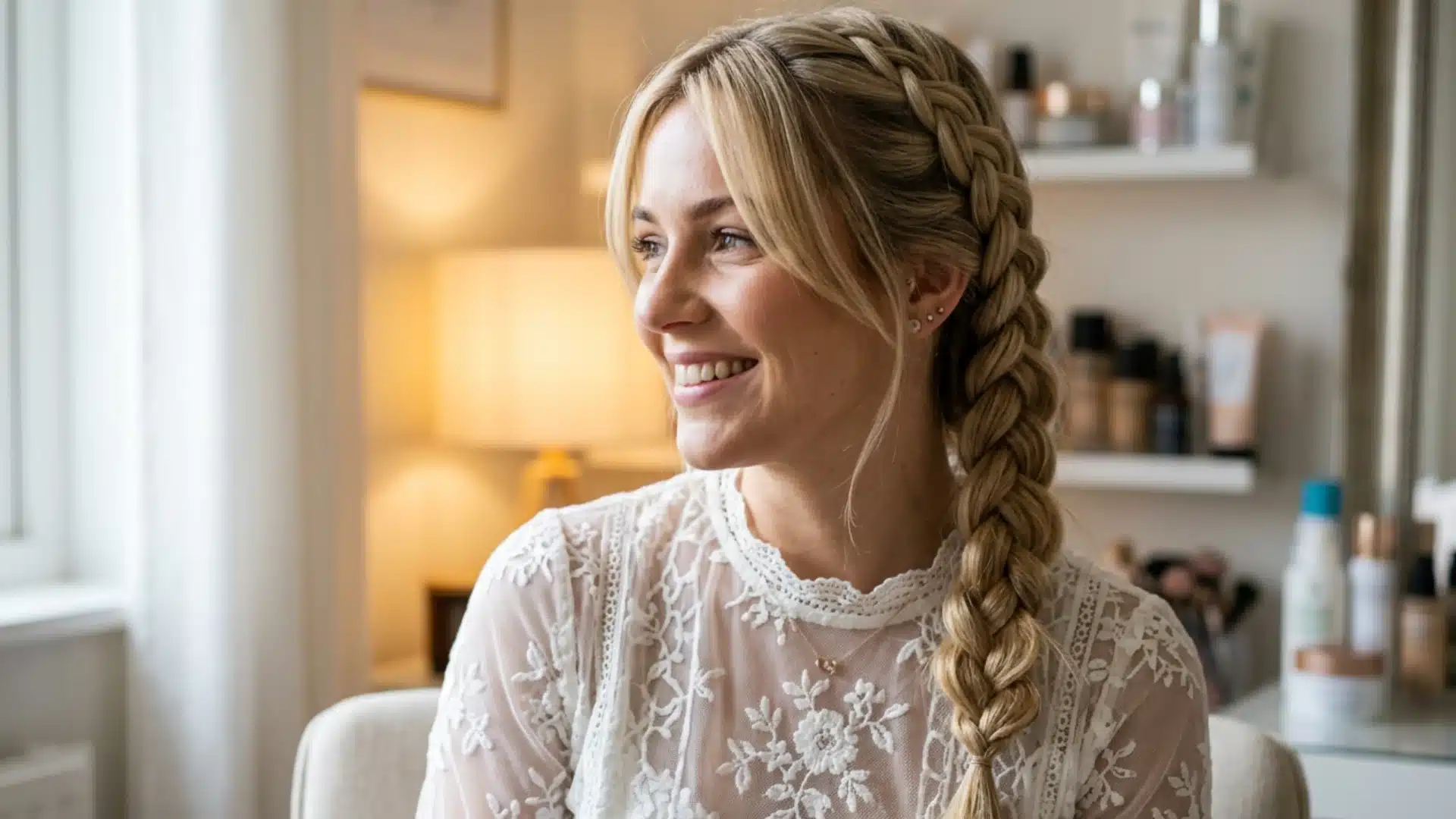 Side profile of a smiling blonde woman with a thick side braid and loose face-framing pieces