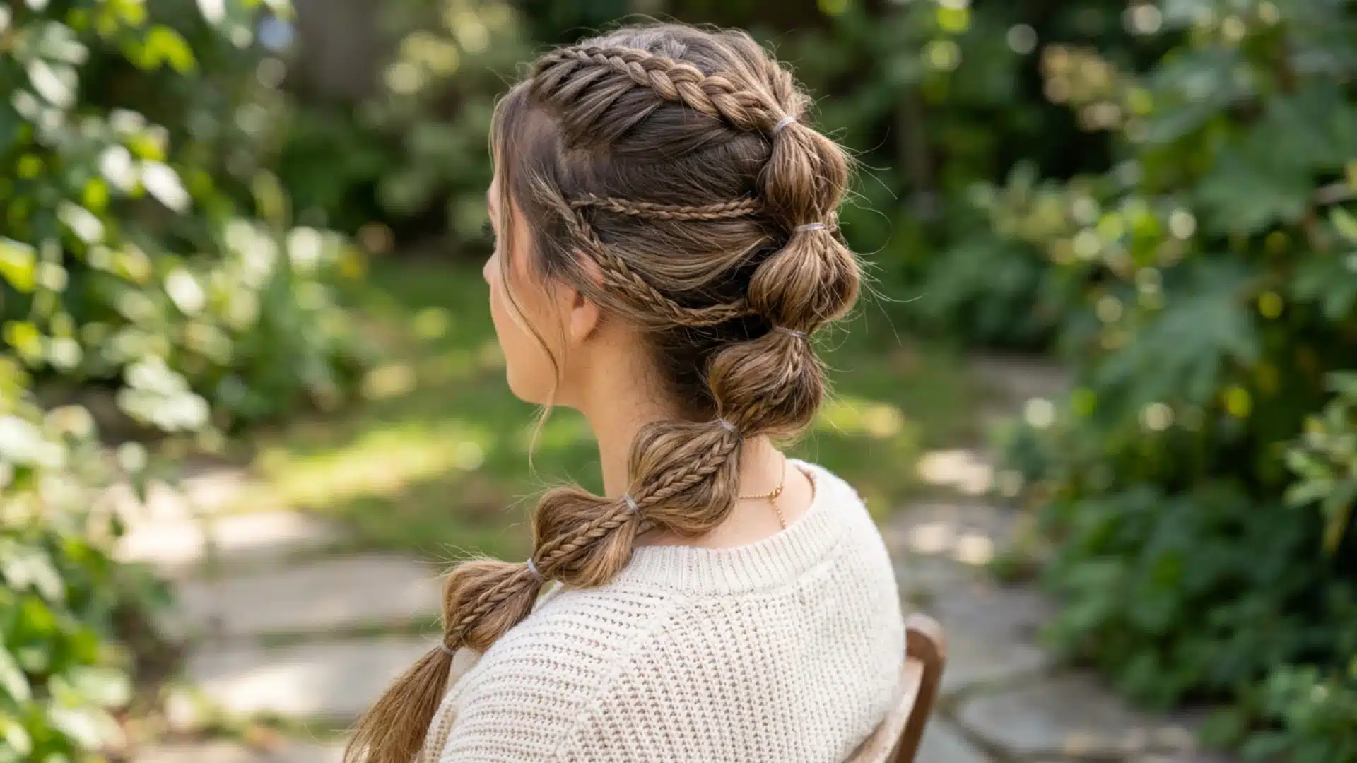 Side profile of a woman with an intricate bubble ponytail hairstyle combined with multiple small braids