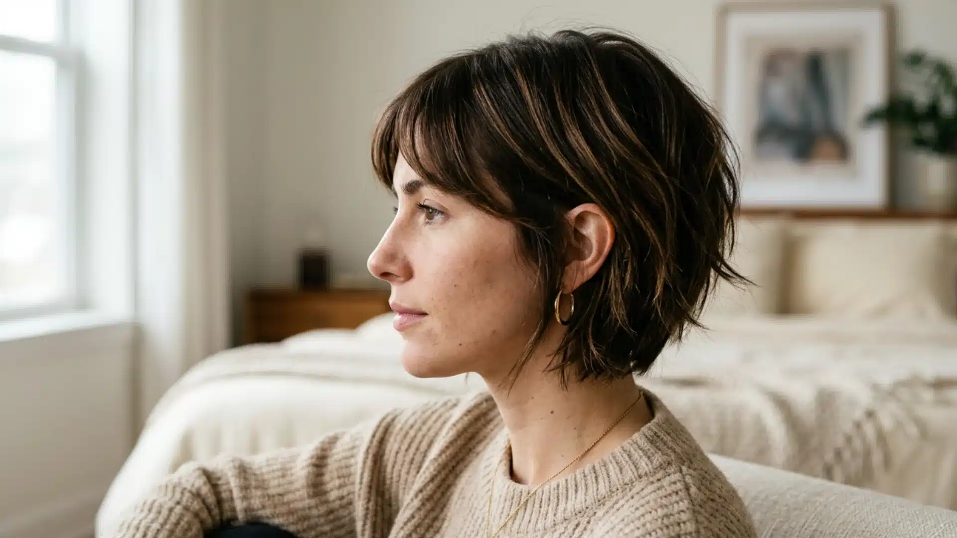 Side profile of a woman with a textured bob haircut looking forward in a bedroom