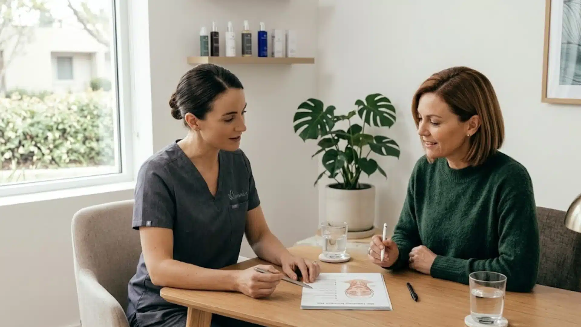 Skincare provider explaining skin tightening options to a woman during a calm clinic consultation