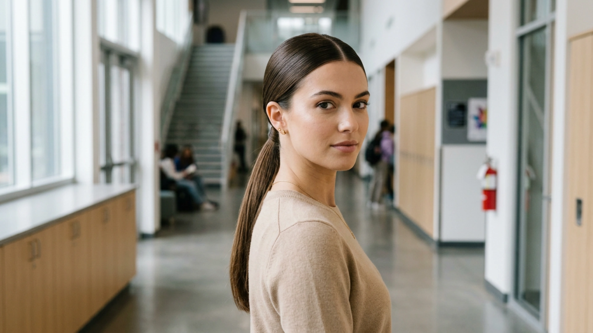 Slick low ponytail with a clean center part and smooth finish for a simple school hairstyle.