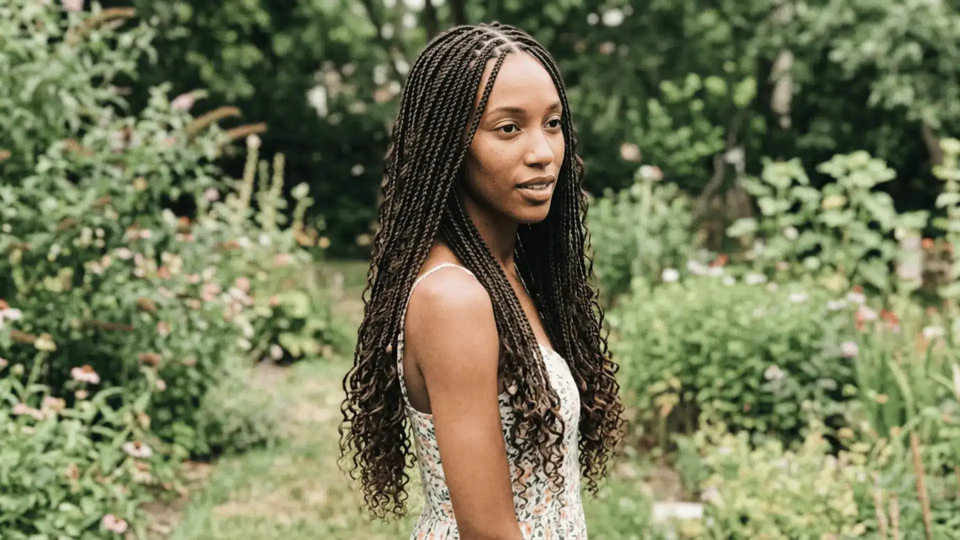 Small micro boho braids in dark brown with fine sections, dense full appearance, and tiny curly ends on a woman in a garden