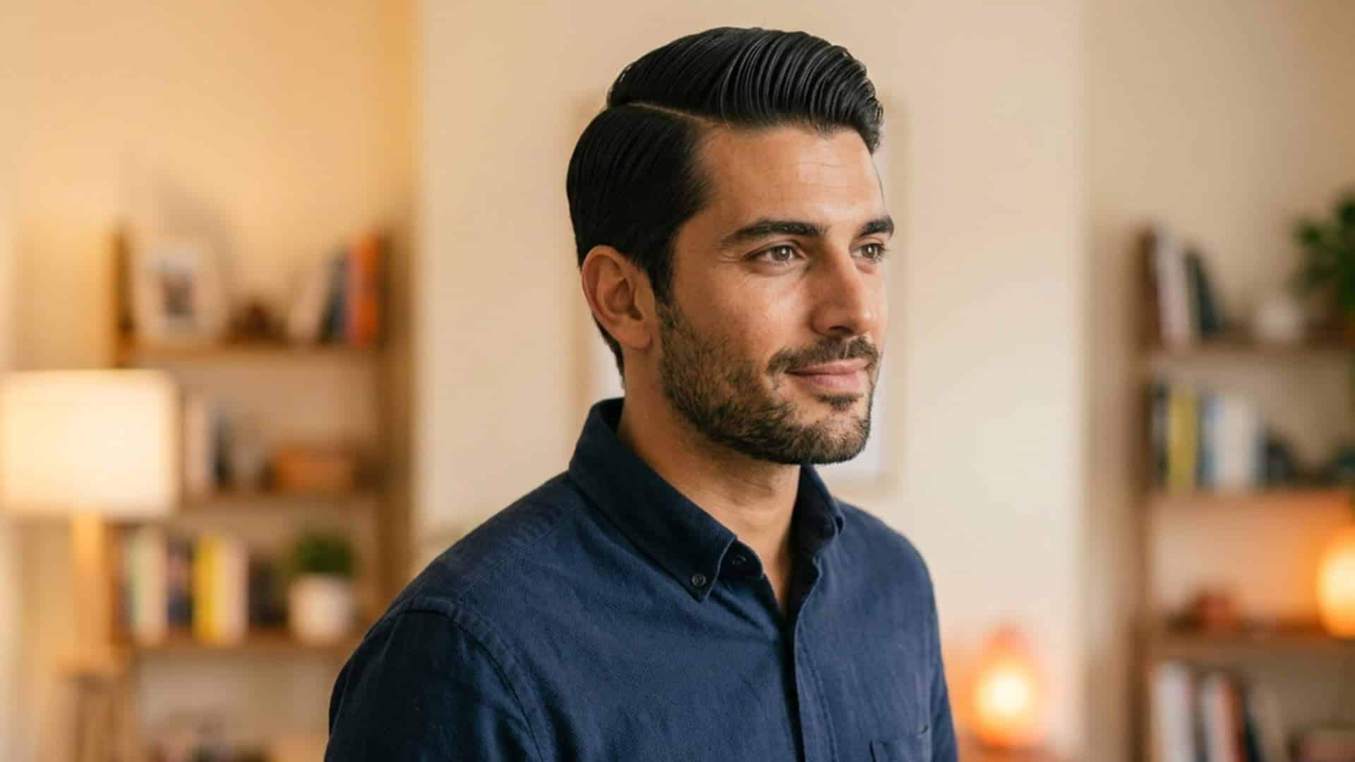 Smiling man with a neatly combed Ivy League hairstyle and stubble beard indoors.