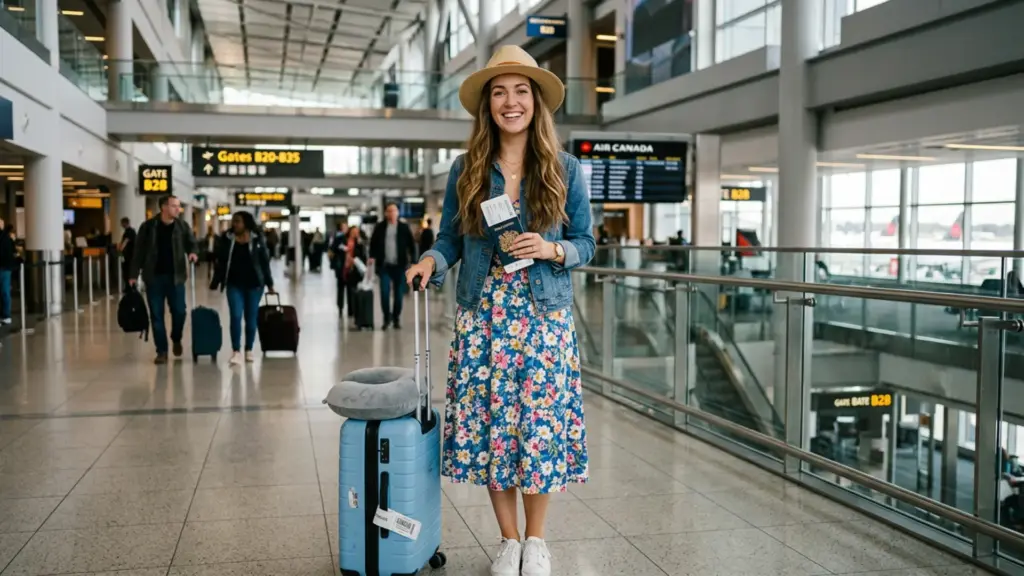 Smiling woman in summer airport outfit with suitcase