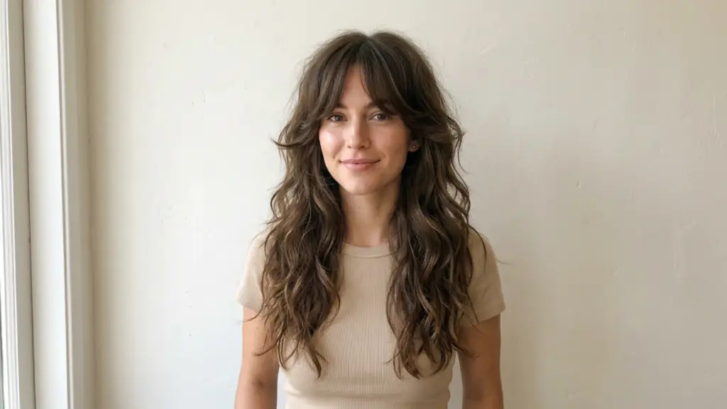 Smiling woman with a long brown shag haircut and curtain bangs wearing a beige t-shirt.