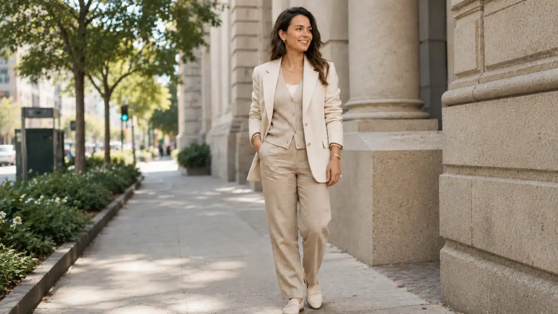 Smiling woman in a beige three-piece pantsuit walks along a city sidewalk next to a stone building