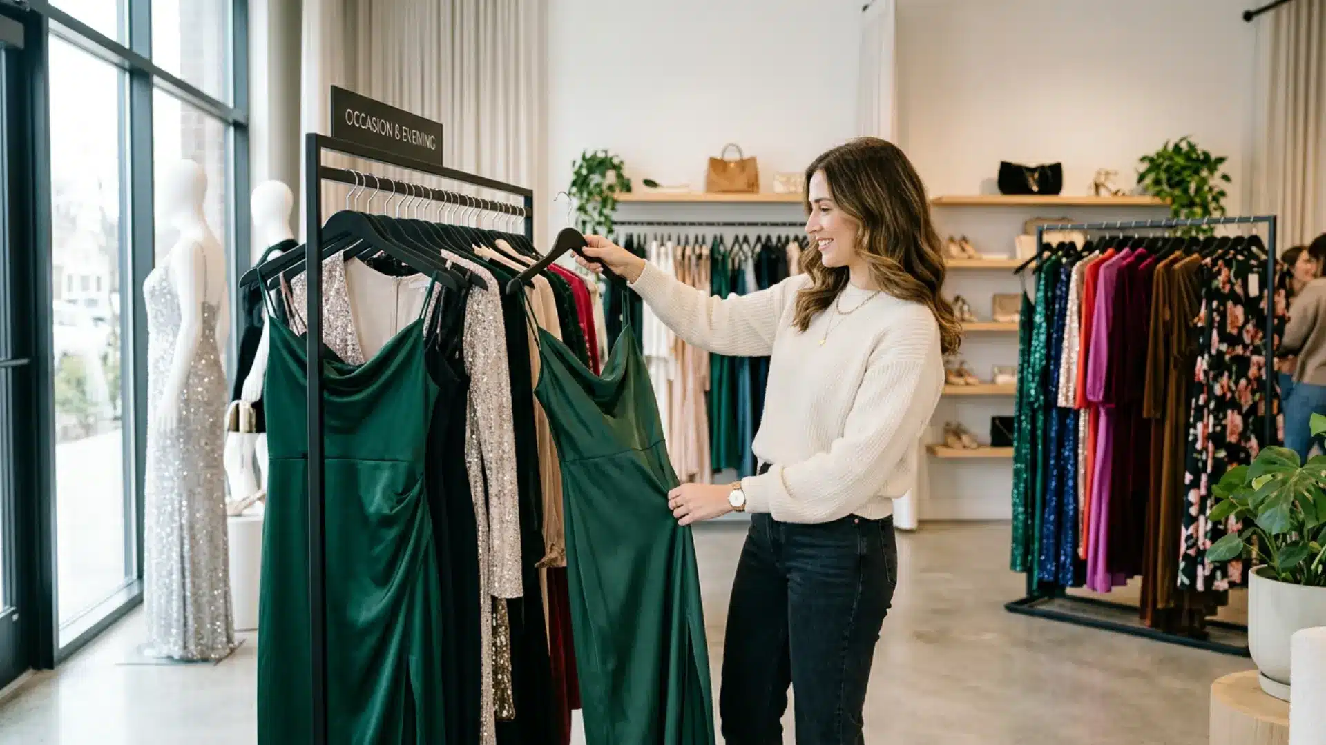Smiling woman in a boutique holding an emerald green satin dress from an evening wear clothing rack