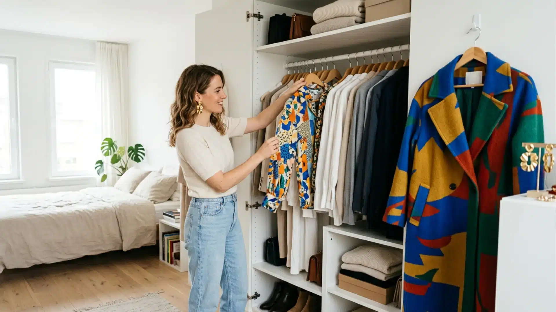 Smiling woman pulling a vibrant, colorful patterned shirt from a bedroom closet filled with neutral clothes