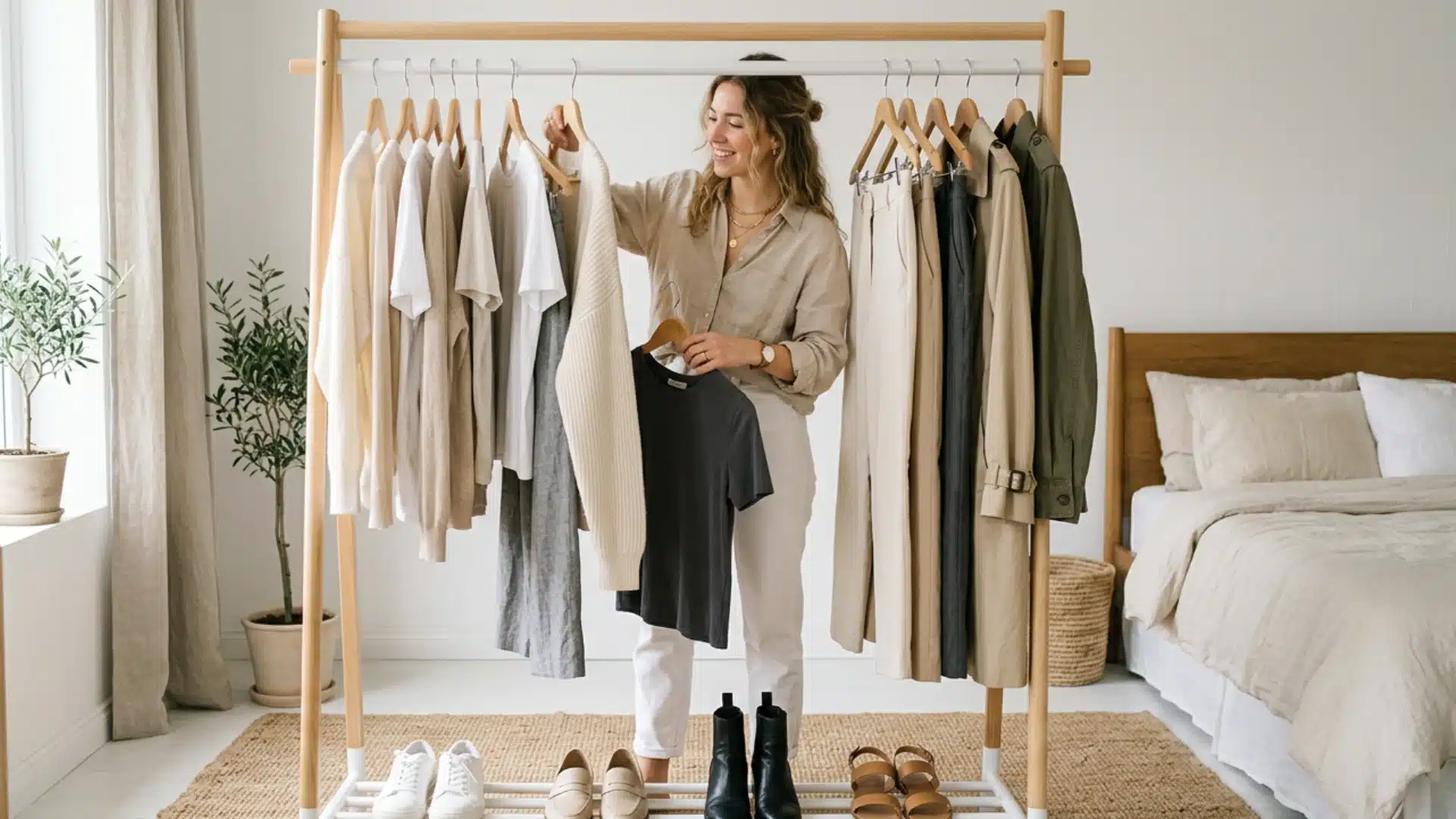 smiling woman selects clothes from a freestanding wooden clothing rack filled with a neutral-toned wardrobe