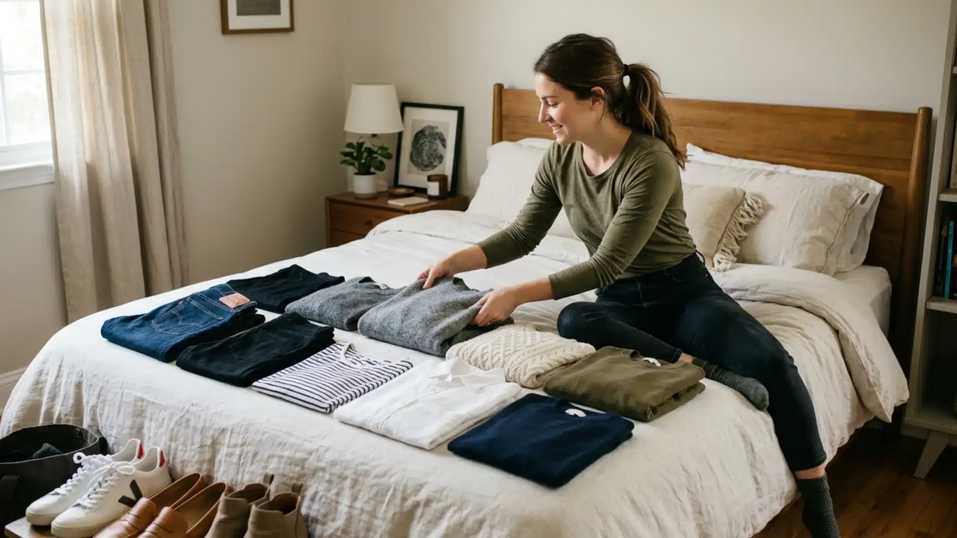 smiling woman sits on a bed, neatly organizing and folding a capsule wardrobe of clothing