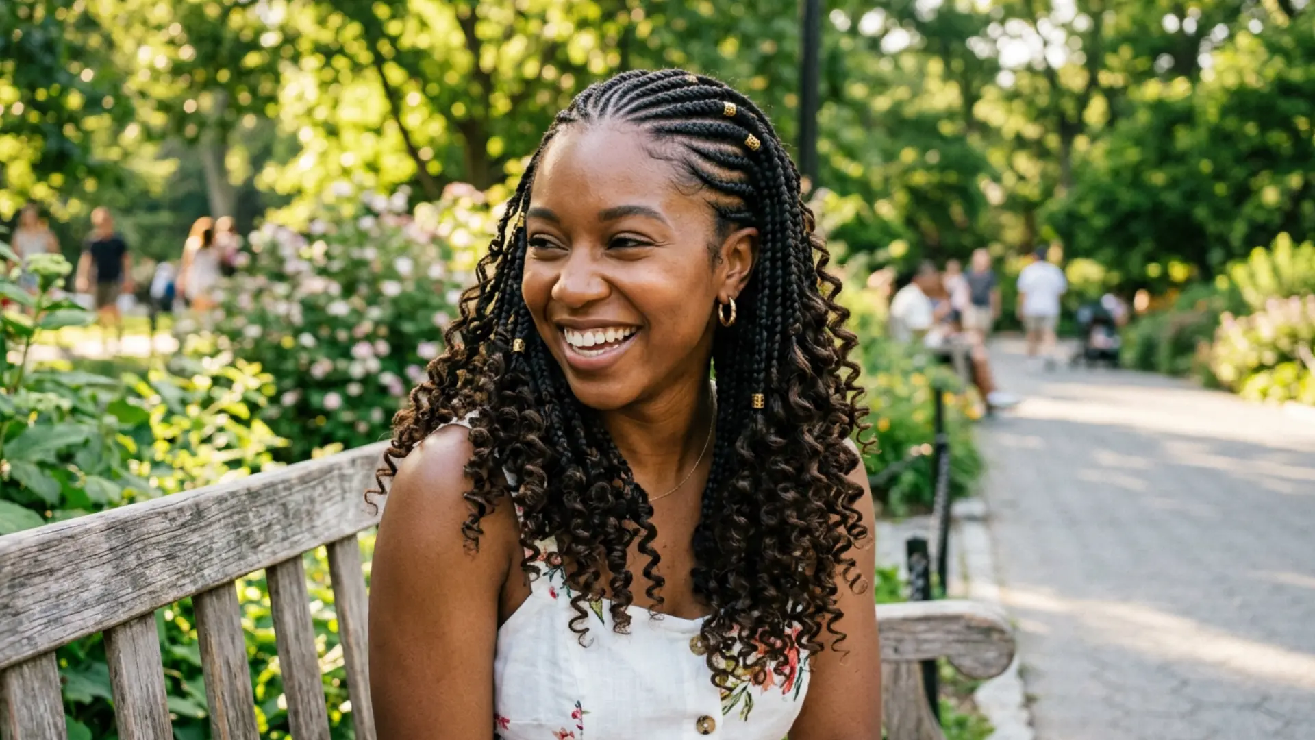 Smiling woman with braided hair ending in curls, sitting on a wooden park bench on a sunny day