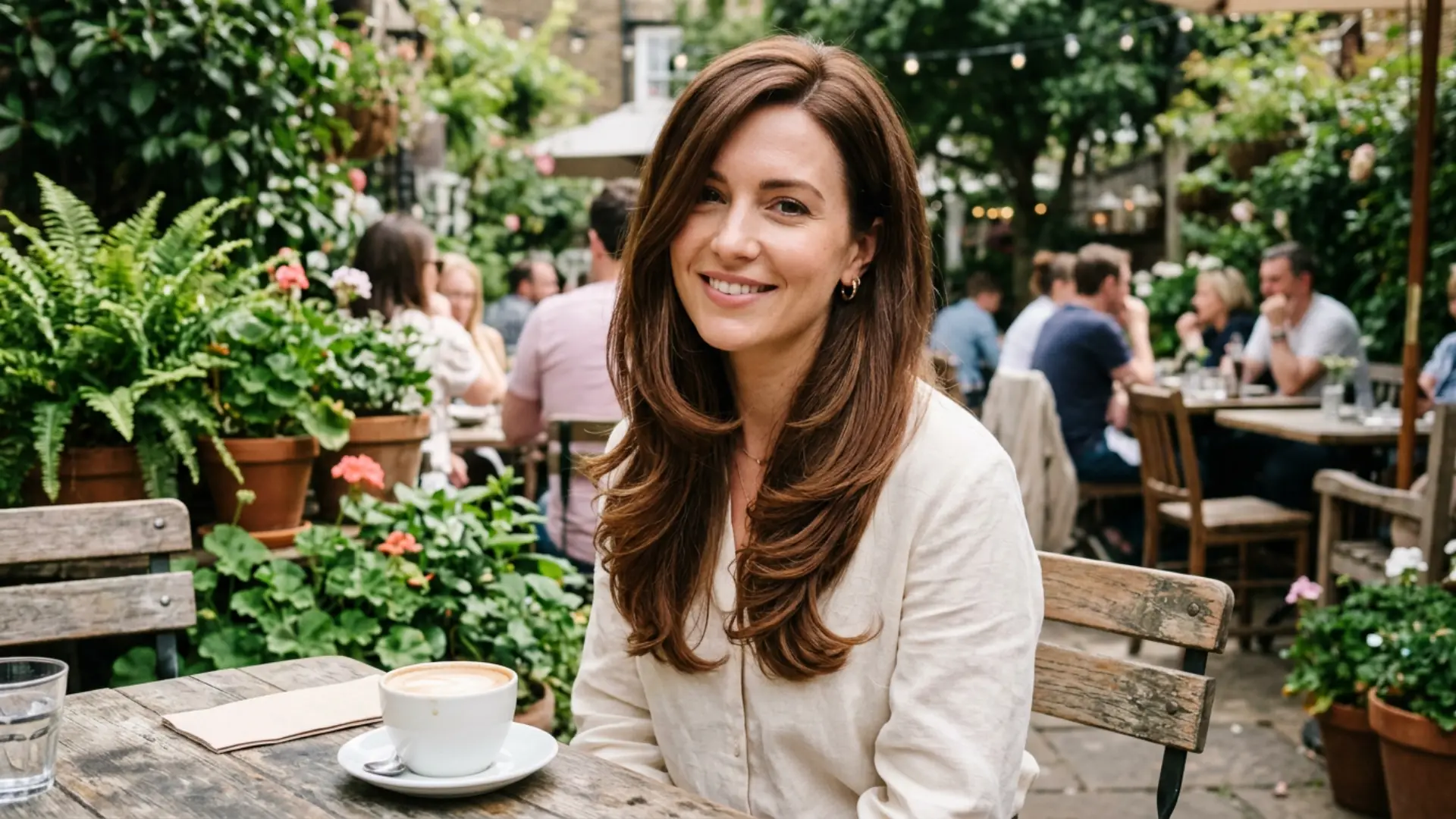 Smiling woman with long, layered brown hair sitting at an outdoor garden café table with a coffee cup.083