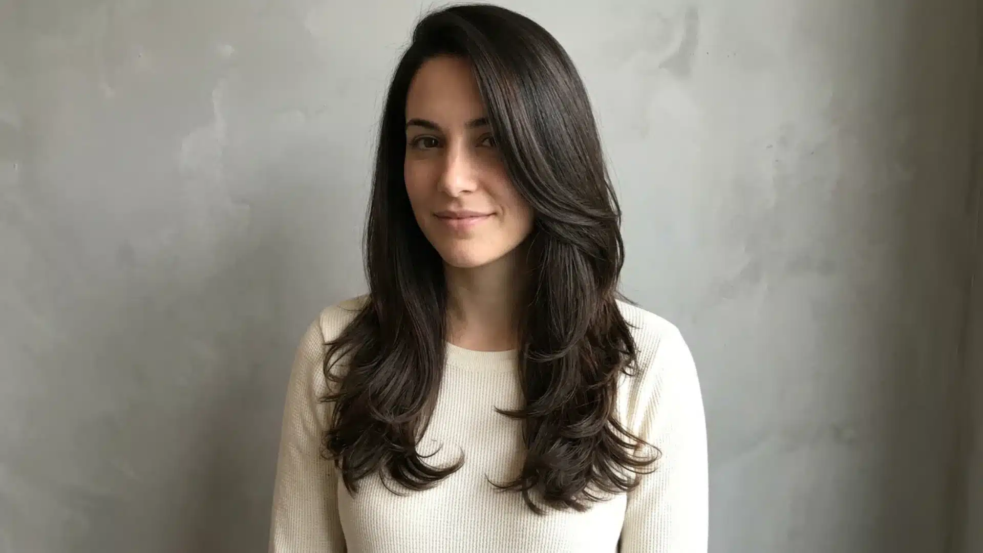 Smiling woman with long, layered dark brown hair wearing a white sweater against a gray wall