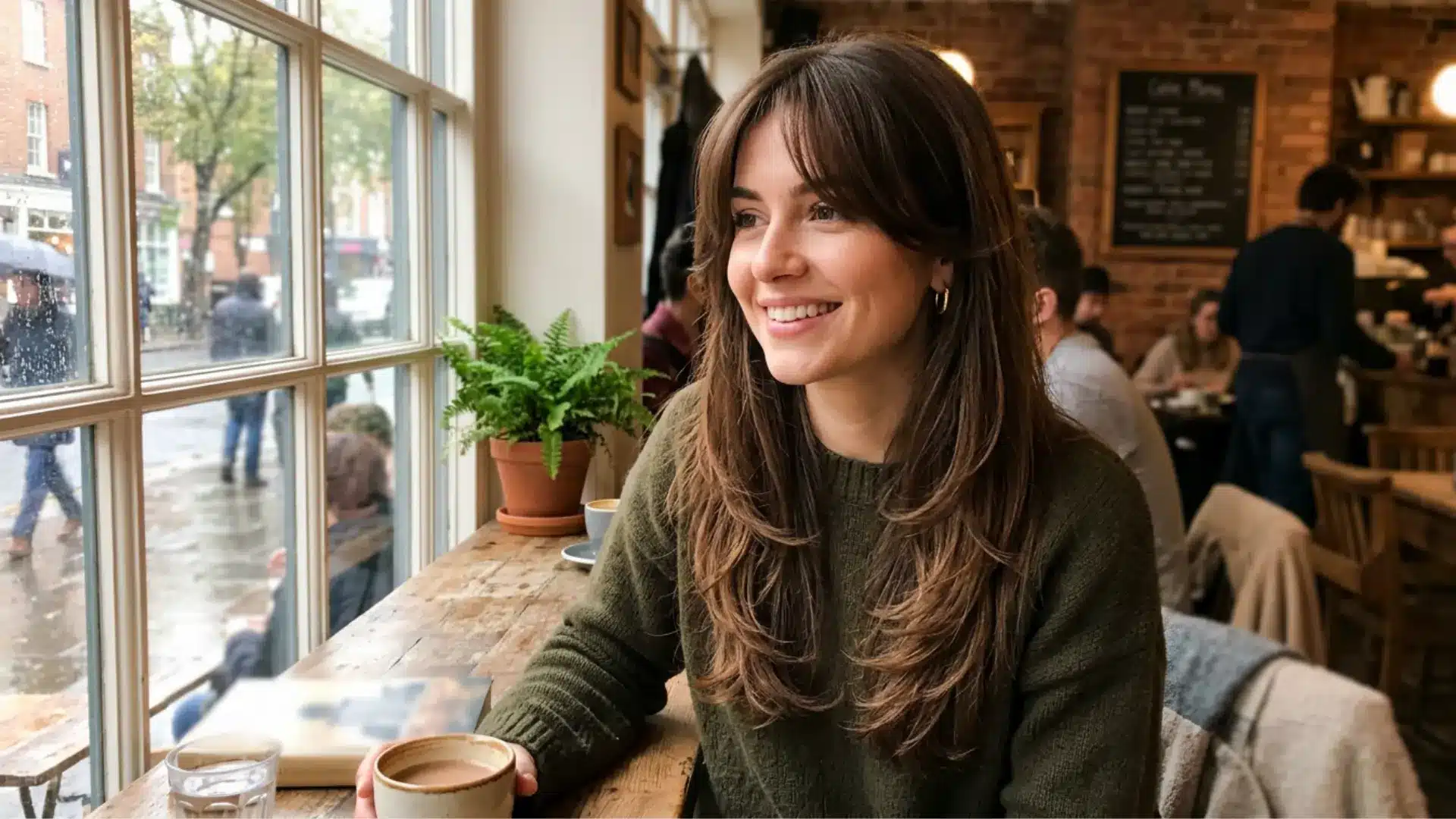 Smiling woman with long layered hair and curtain bangs sitting by a window in a cozy coffee shop.048