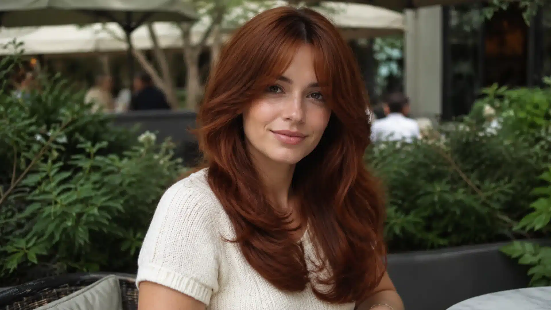 Smiling woman with red hair and curtain bangs sitting at an outdoor patio table in image_c33121.jpg