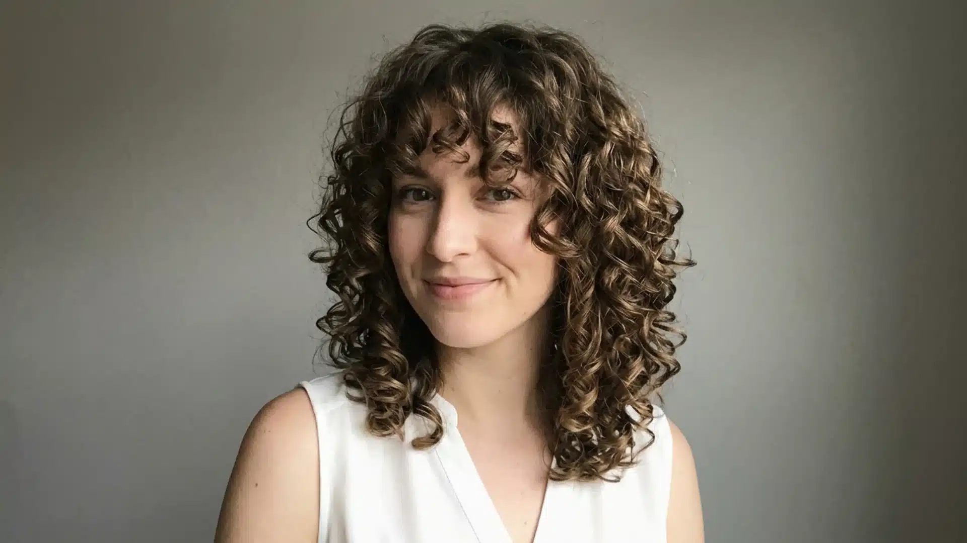 Smiling woman with shoulder-length curly brown hair and bangs wearing a white top.