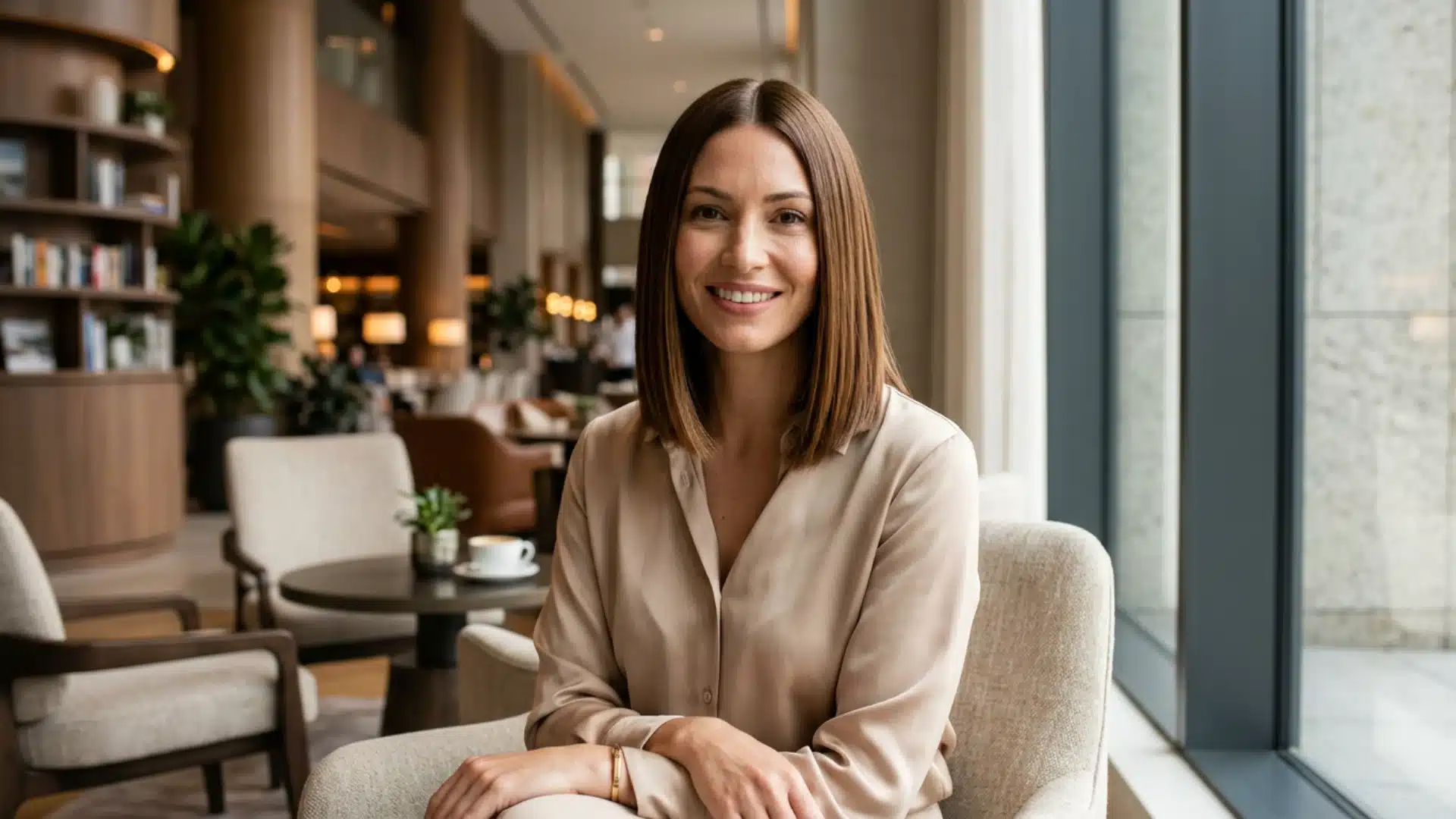 Smiling woman with straight brown hair sitting in a modern hotel lobby armchair next to a window webp