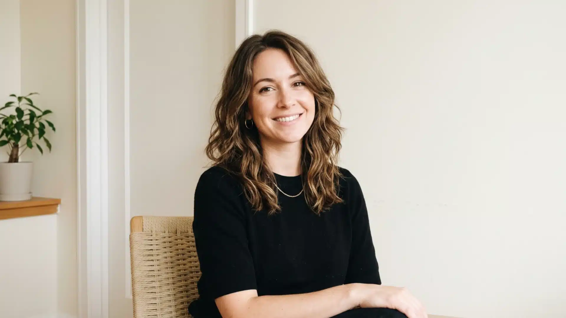 Smiling woman with wavy, shoulder-length brown hair wearing a black top, sitting indoors near a potted plant.025