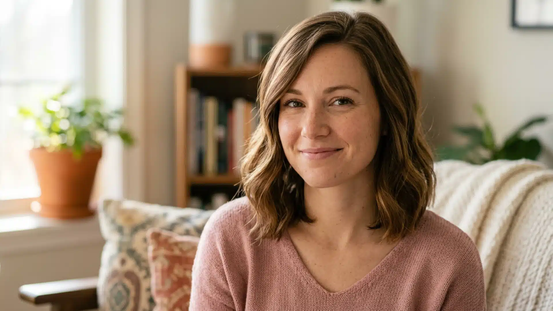 smiling woman with wavy shoulder-length hair sits in a cozy living room