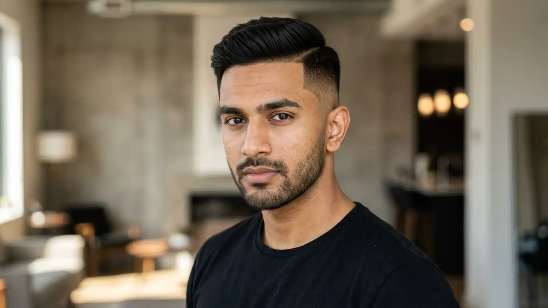 South Asian man with disconnected undercut side swept crew cut and trimmed beard indoors