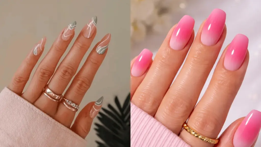 Split image showing gray abstract acrylic nails and glossy pink ombre dip nails with rings on both hands
