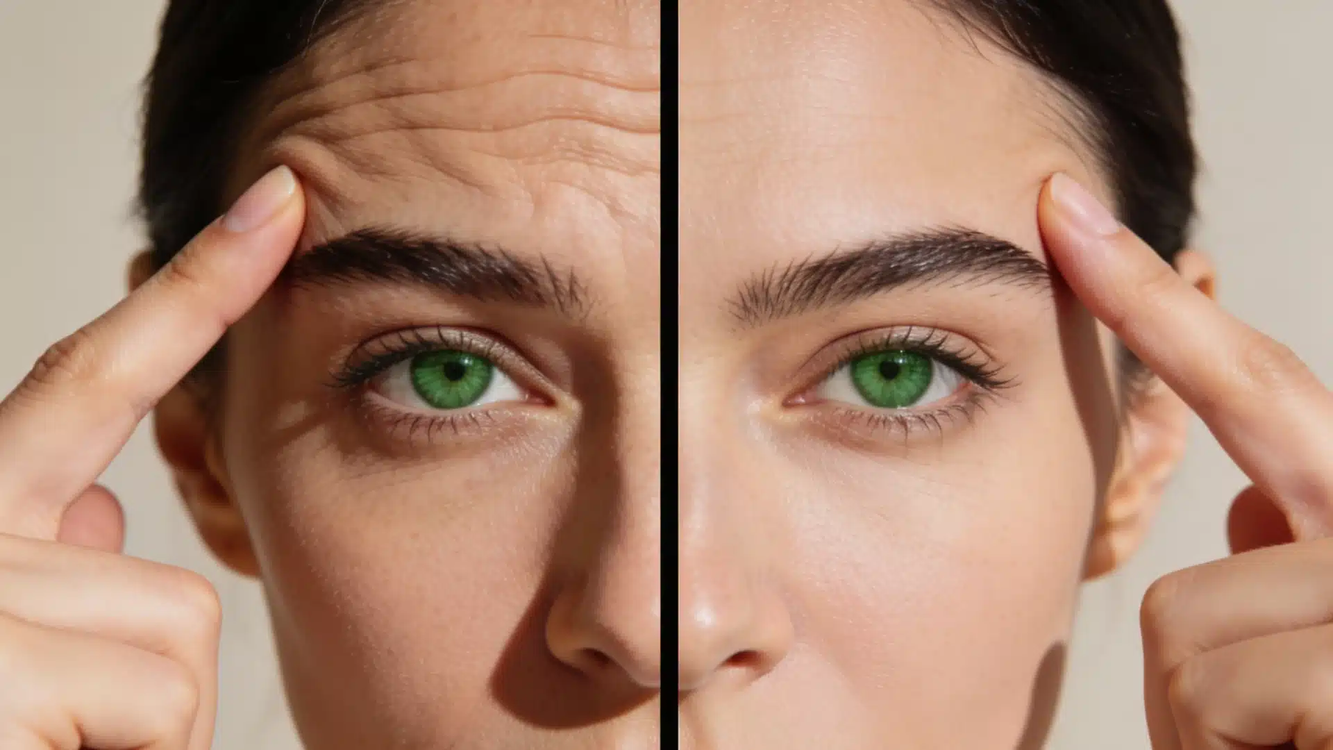 Split-screen close-up showing forehead wrinkles before and smoother skin after
