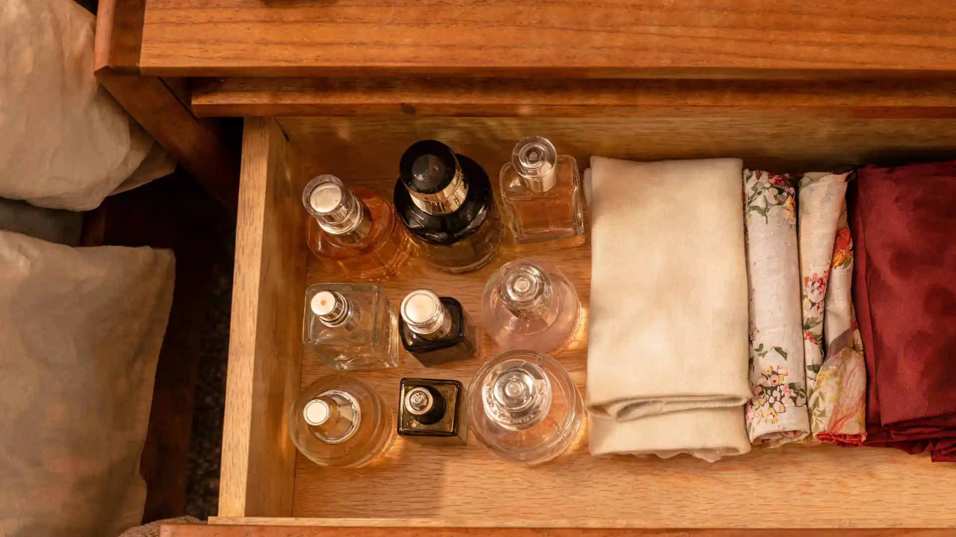 Storing perfume in a drawer away from light and heat