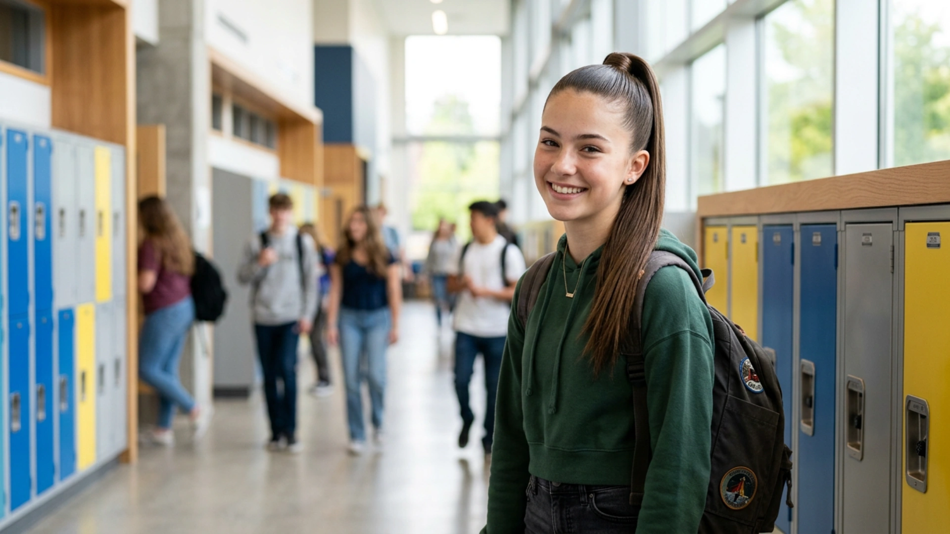 Teenage girl wearing a sleek high ponytail with smooth hair and a wrapped base for a polished school hairstyle.