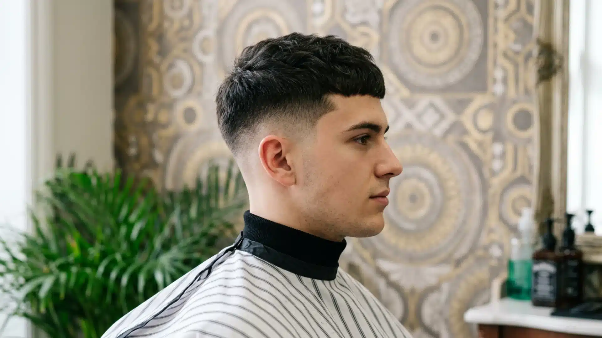 Textured French crop fade with a low skin fade in a barbershop