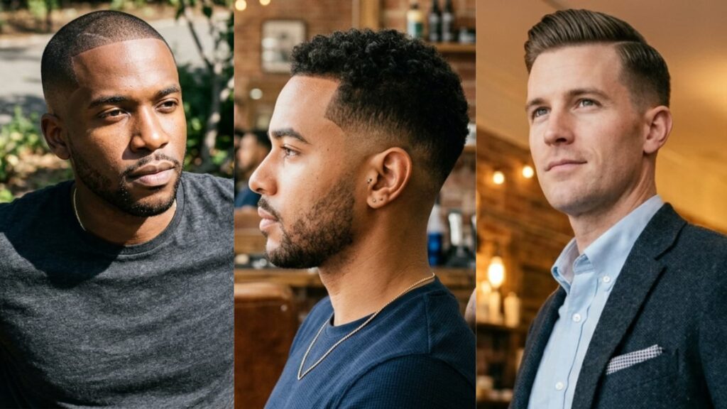 Three men showcasing a clean buzz hairstyle, a curly high fade, and a classic side-part comb over