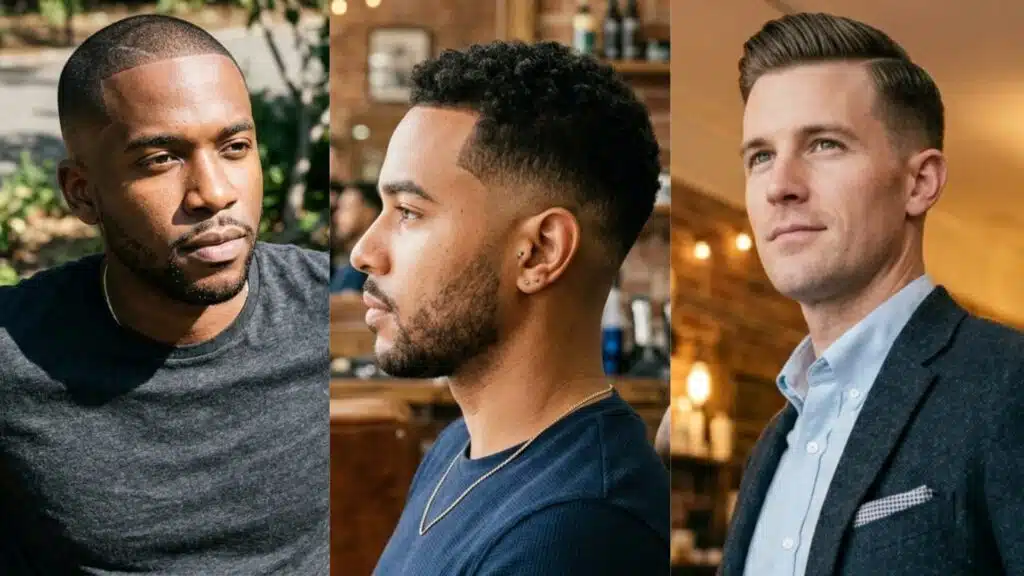 Three men showcasing a clean buzz hairstyle, a curly high fade, and a classic side-part comb over