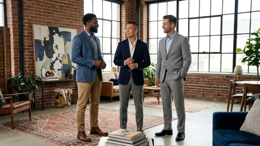 Three men wearing a sport coat, blazer, and suit jacket while talking in a modern loft setting