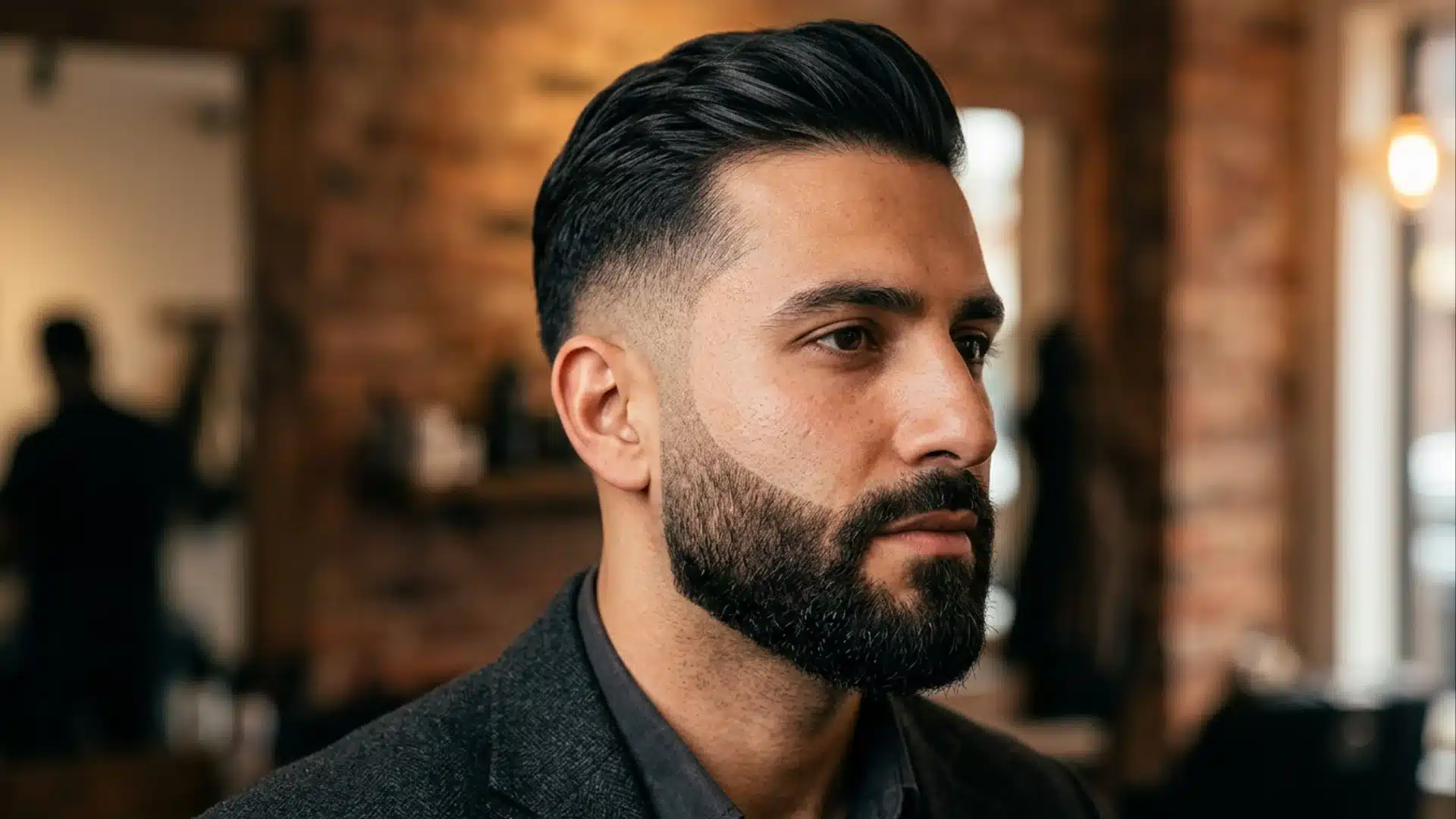 Three-quarter portrait showing mid fade blending into a shaped beard on a side swept crew cut