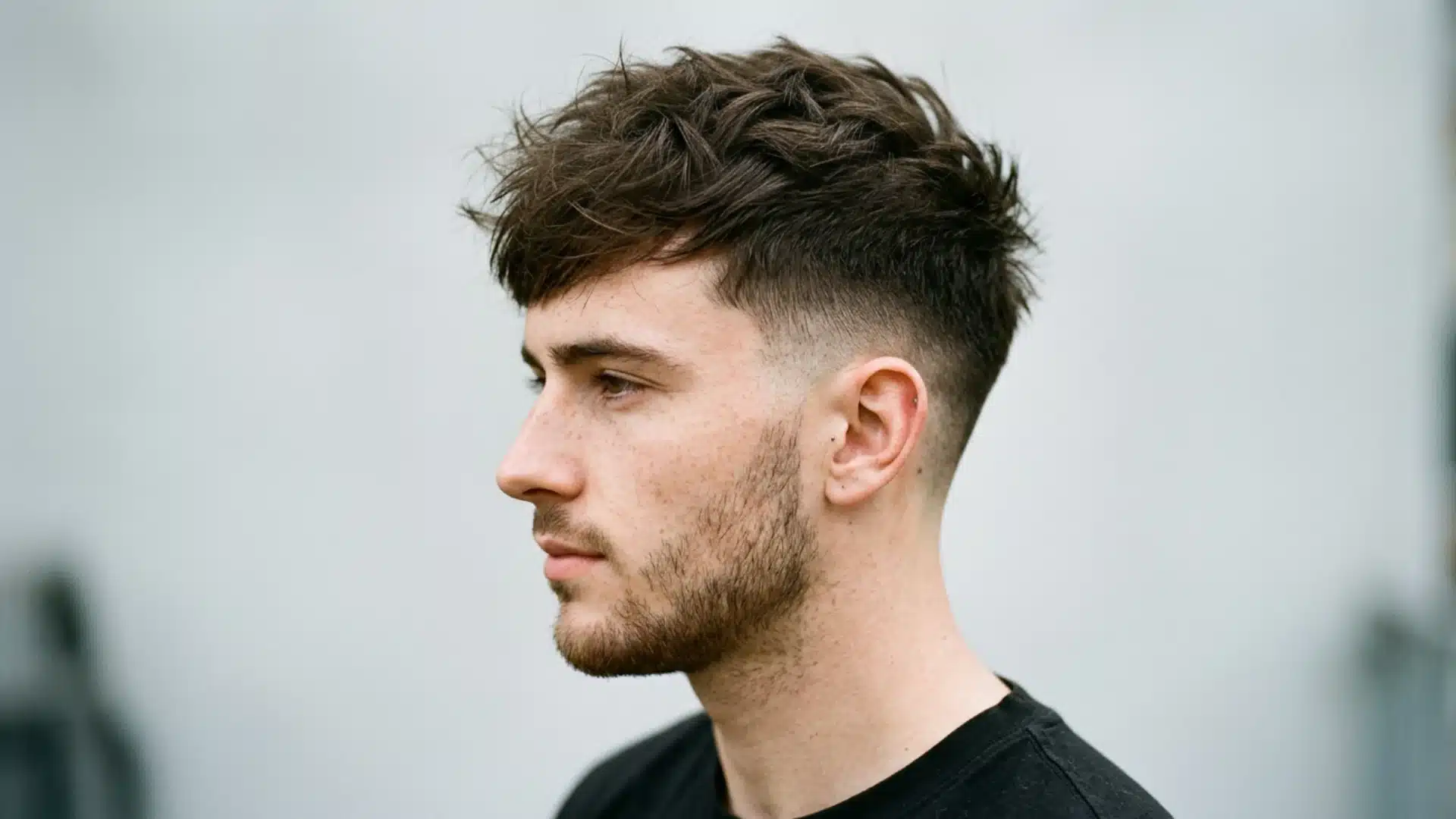 Three-quarter view of textured side swept crew cut with mid fade, matte choppy top