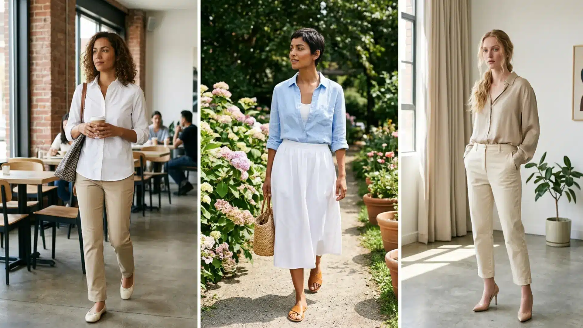 Three women showcasing different casual business outfits in a triptych for image_a5588c.jpg.