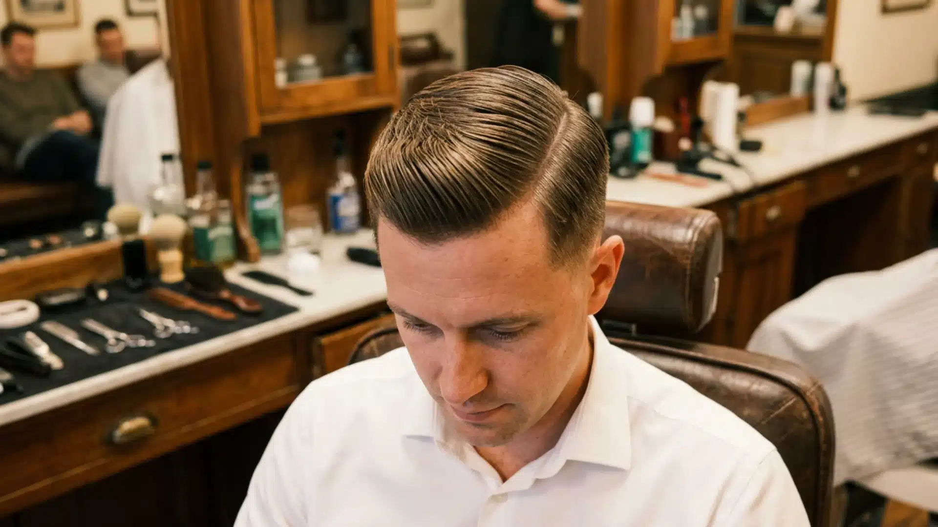 Top-down view of Ivy League side swept crew cut with pomade finish and low taper