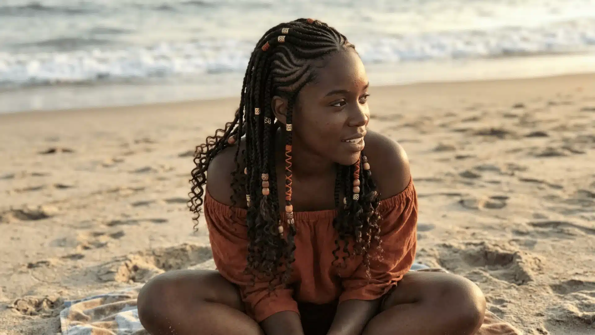 Tribal boho braids with curved cornrow patterns, gold and wooden beads, thread wraps, and loose curly ends on a woman at the beach