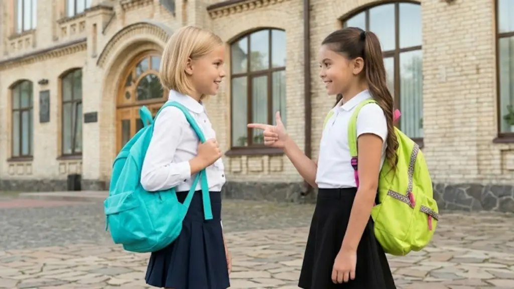 Two schoolgirls with backpacks talking outside a school building while wearing white shirts and dark skirts