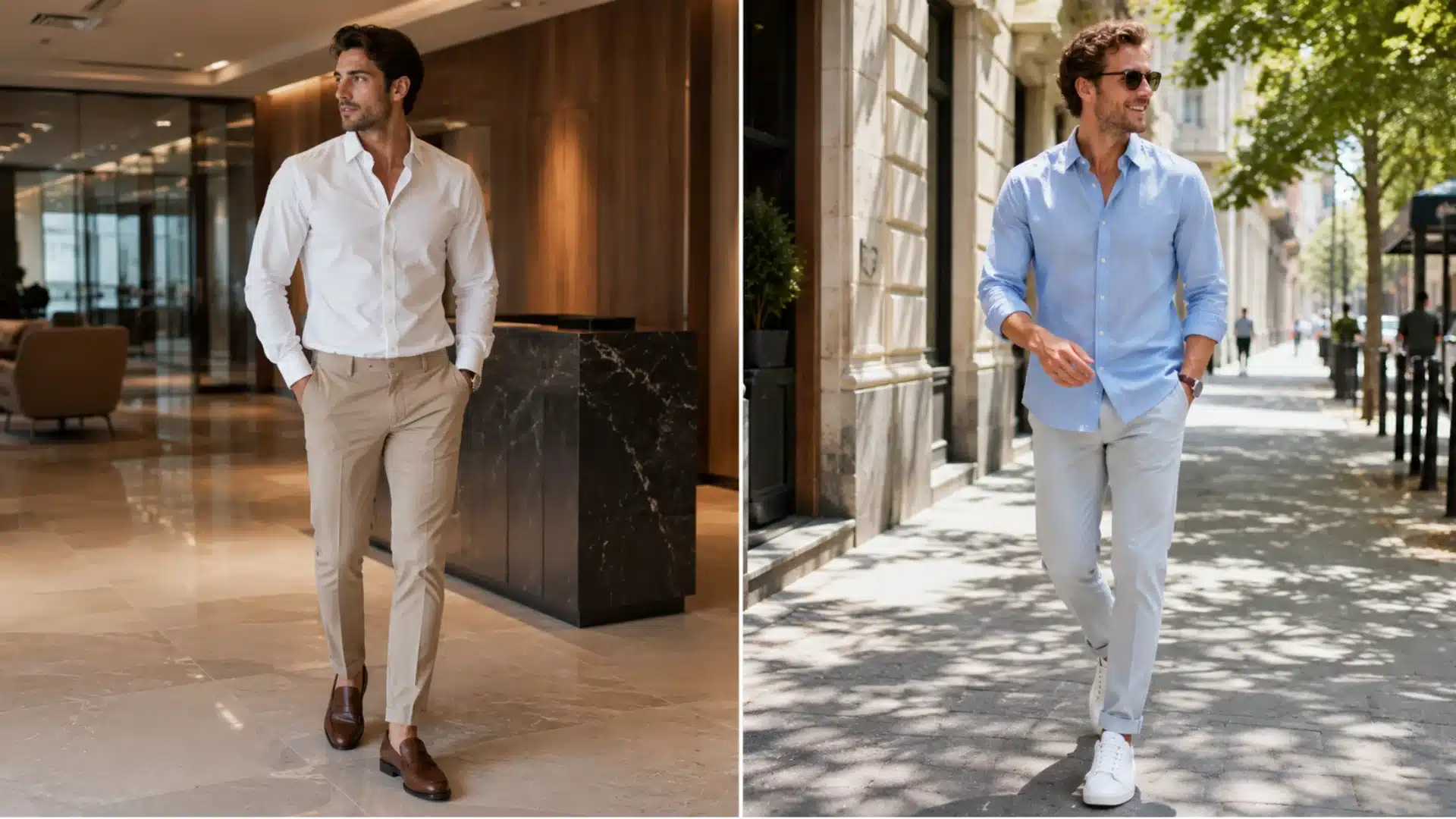 Two men showcasing smart-casual summer outfits in a split image for Buzz cut with very short uniform length emphasizing facial features