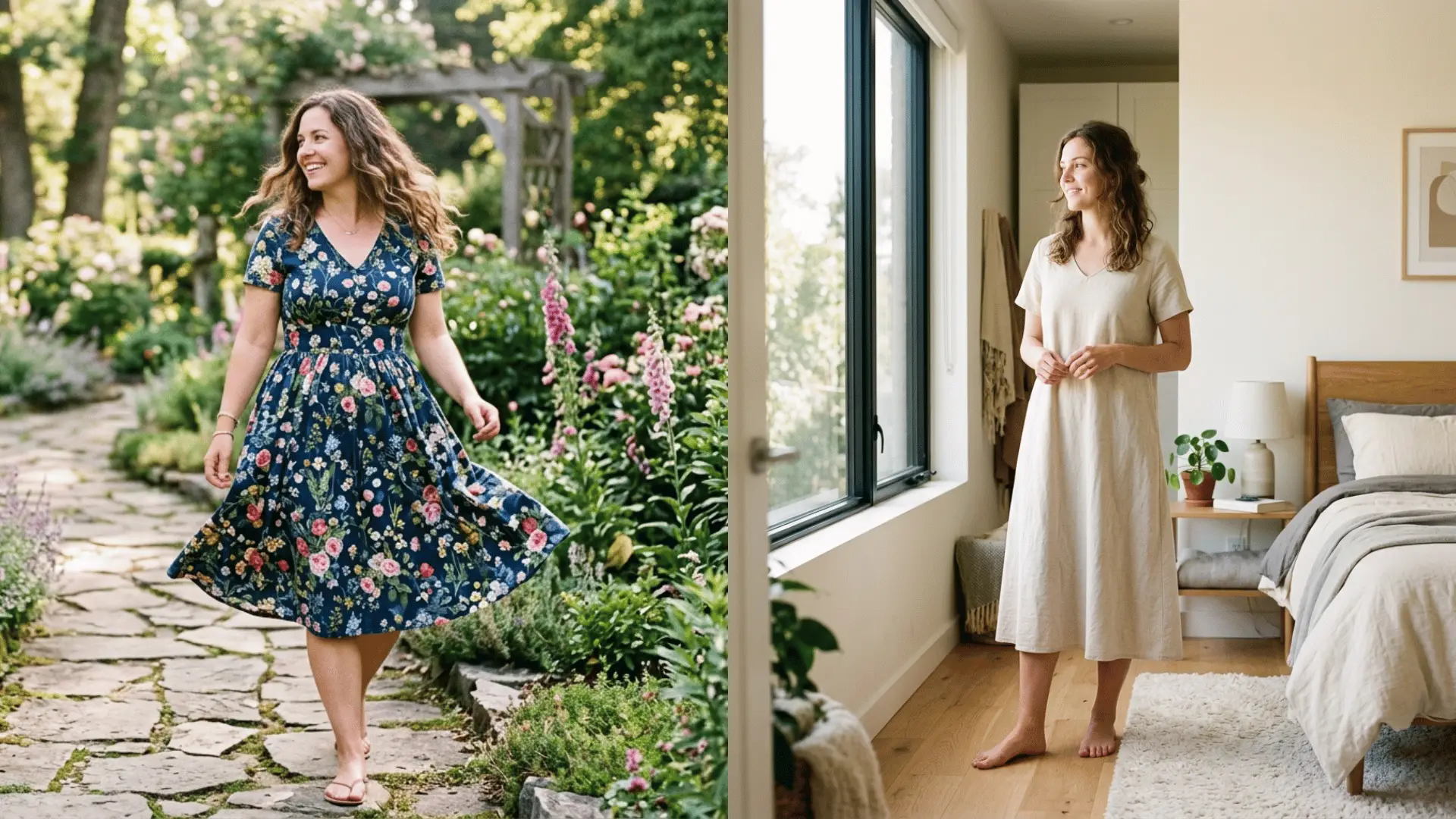 Two women wearing A-line dresses, one floral in a garden and one cream dress indoors by a window