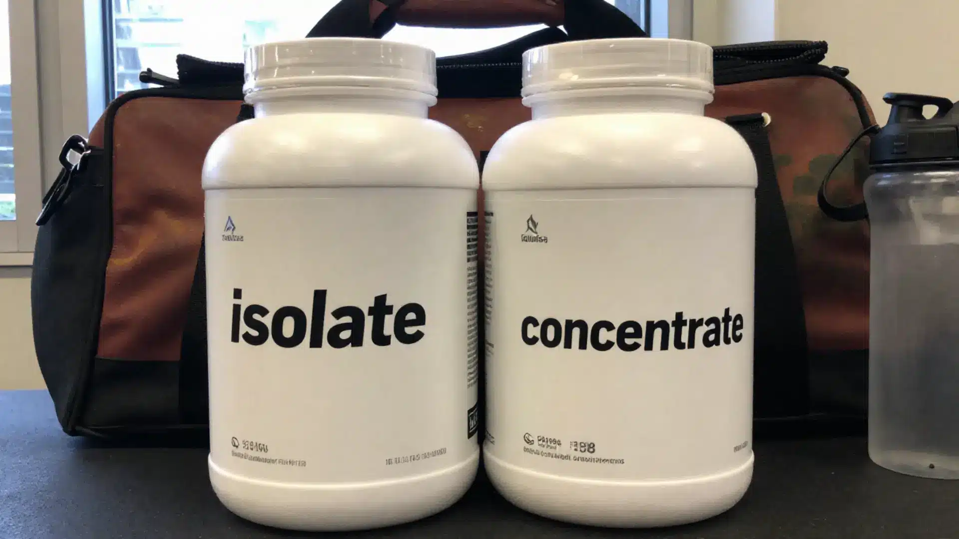 Whey isolate and concentrate tubs shown side by side for comparison