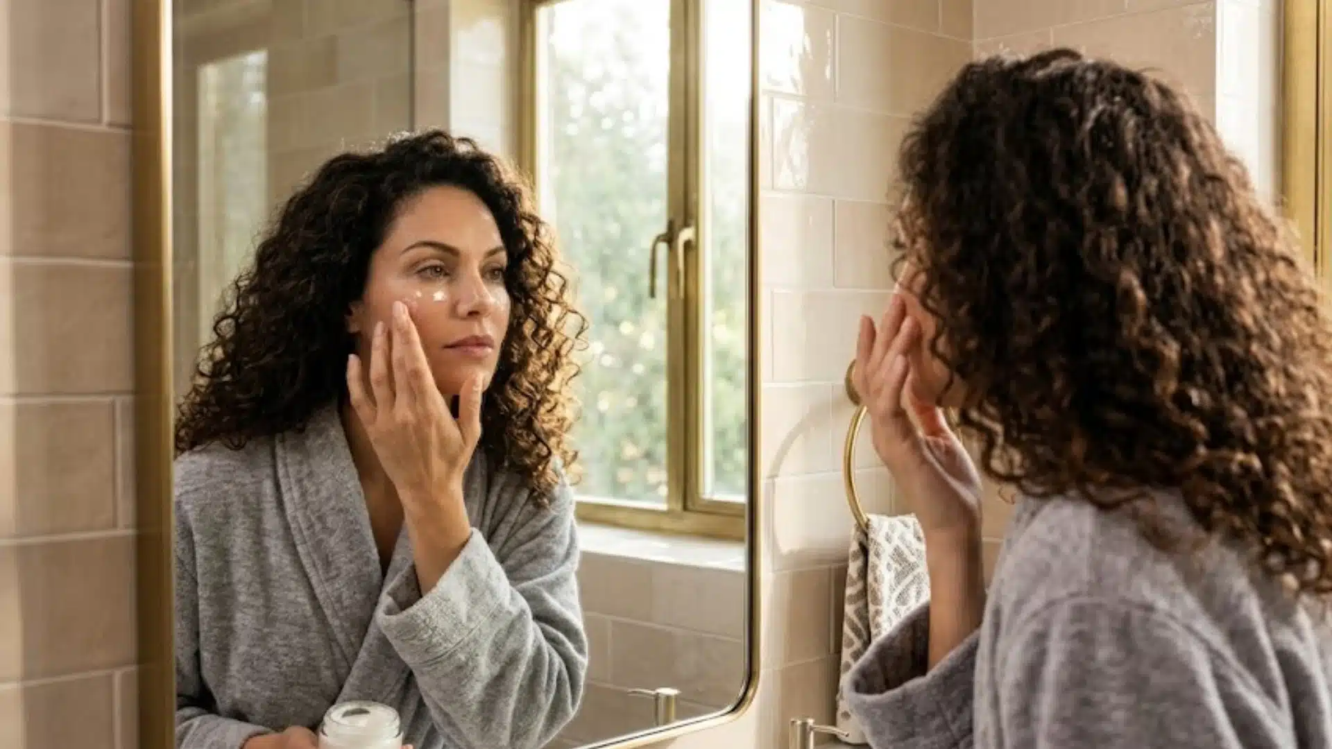 Woman applying facial cream while looking in a bathroom mirror during a daily skincare routine near a window