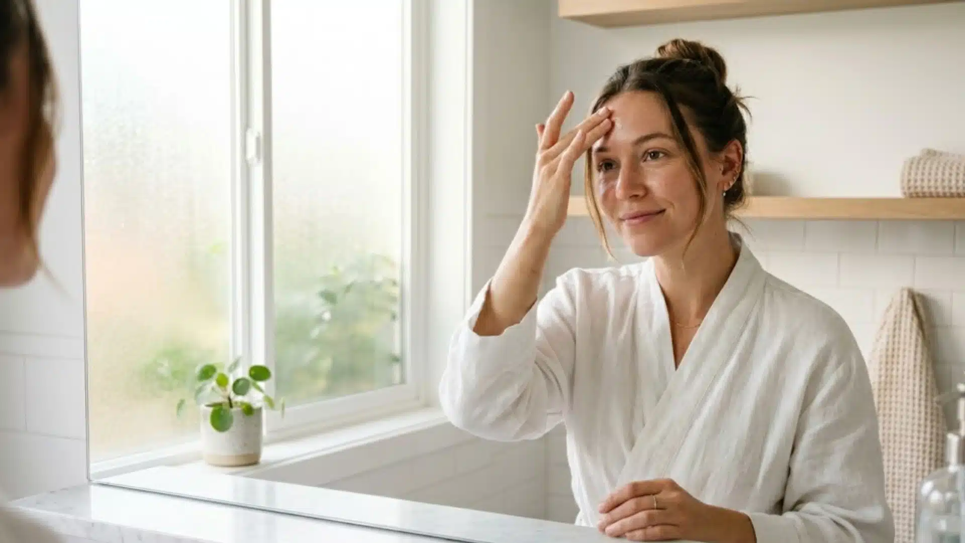 Woman applying skincare product to her forehead in a bright bathroom during a morning routine