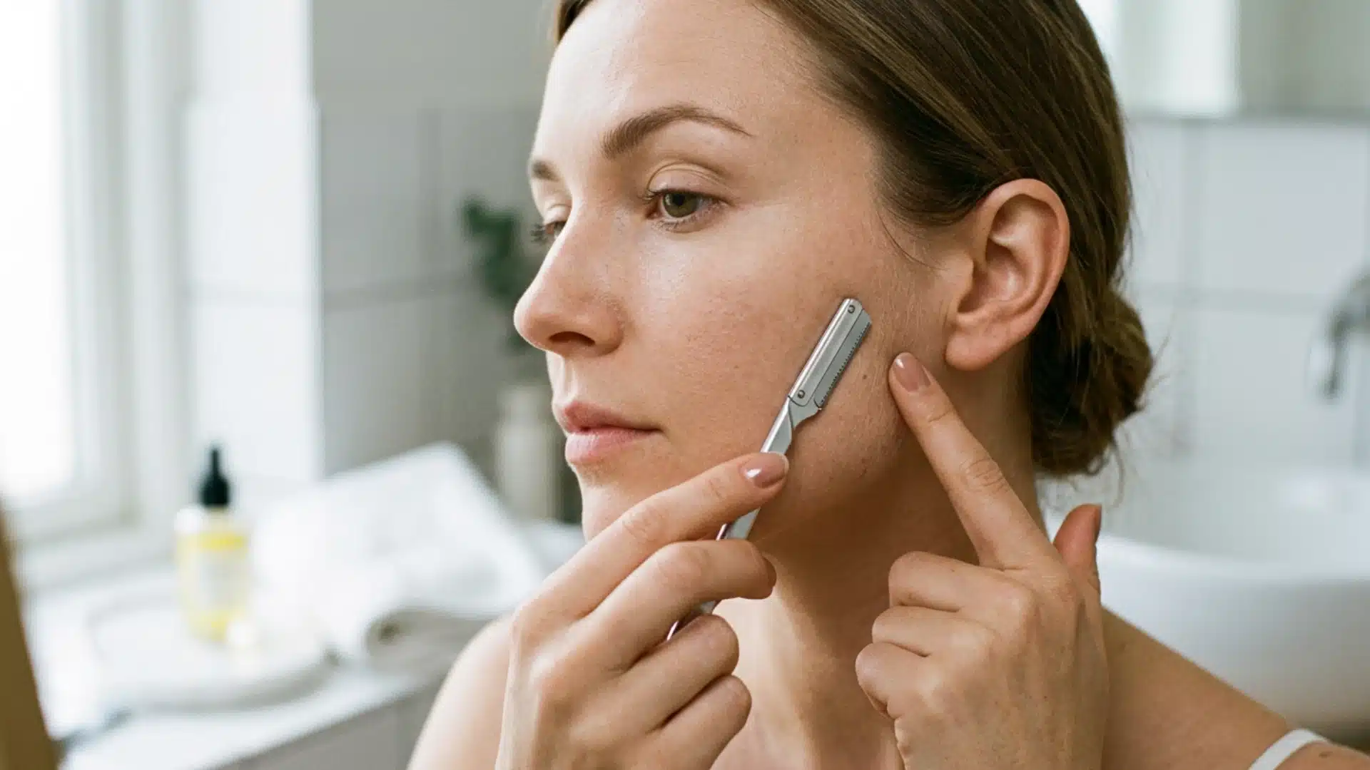 Woman dermaplaning her face at home with a guarded razor at a 45-degree angle (1)